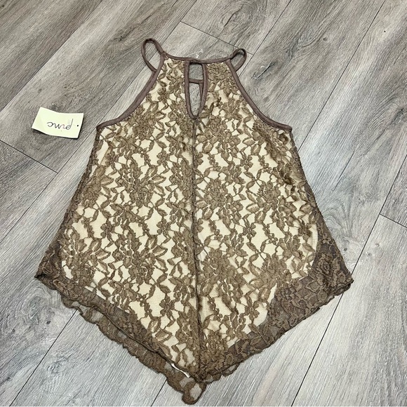 Pinc Women's Small Brown Lace Symmetrical Tank Top Chest & Back Window NWT - Picture 9 of 12